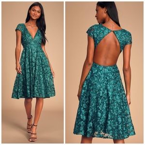 Lulu’s Jacqueline Emerald Green Floral Embroidered Backless Midi Dress